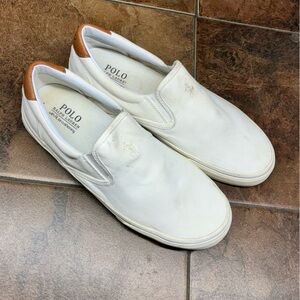 Polo by Ralph Lauren Thompson White Slip-On Sneakers with Tan Leather Heel